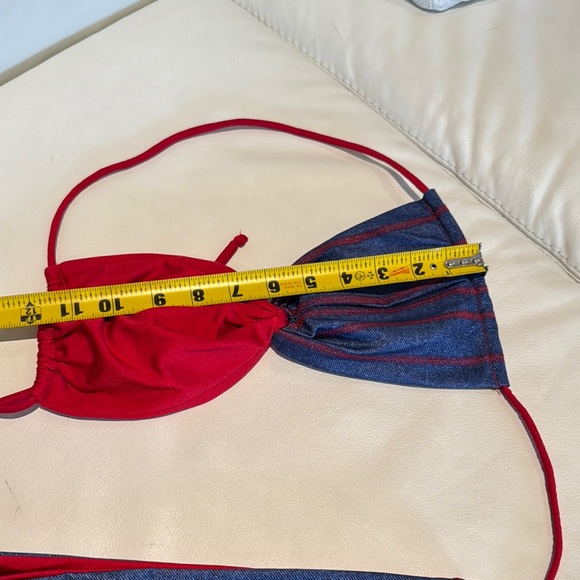 Women small Red and Blue Jean Denim feeling Bikini Set strapless or halter - Picture 8 of 8
